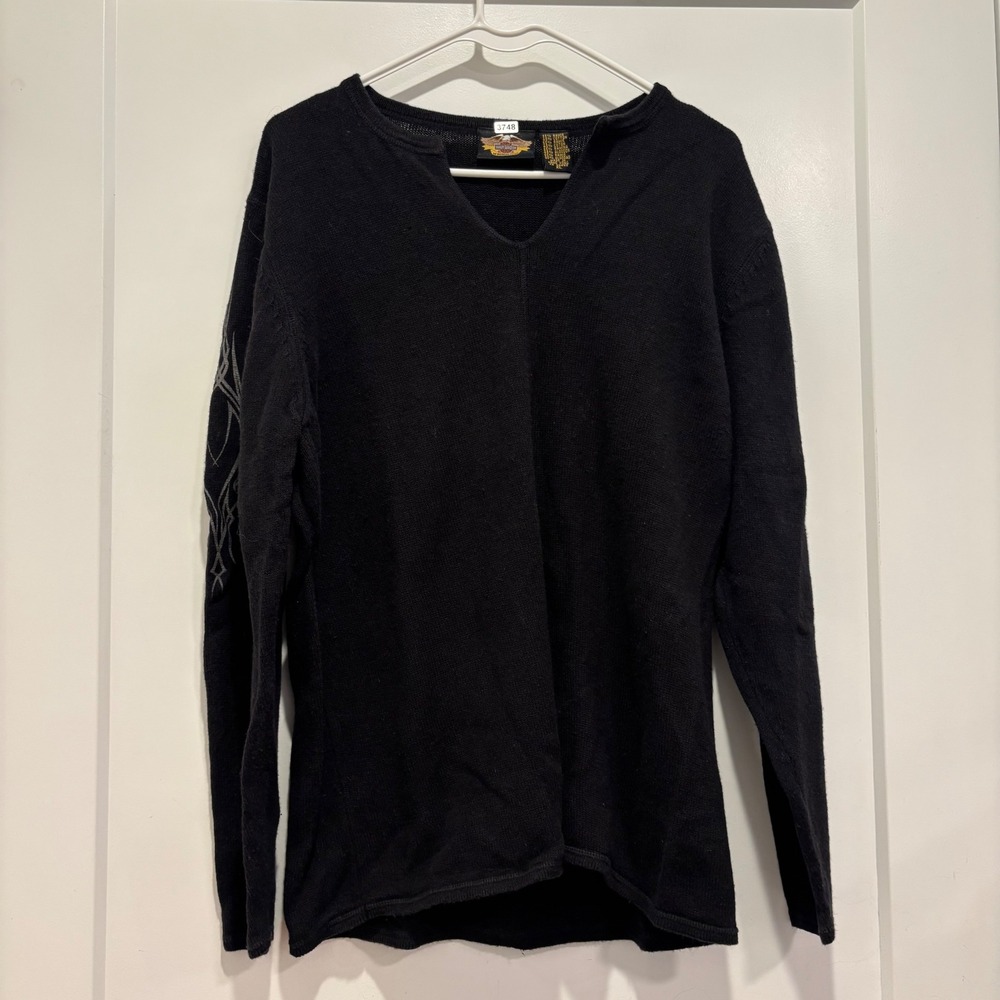 Harley Davidson Mens XL Black V-Neck Knit Sweater Graphic Sleeve Logo 3748